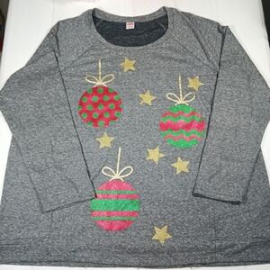 Womens 2XL Grey Glitter Ornaments Long Sleeve Christmas Holiday Sweatshirt Top